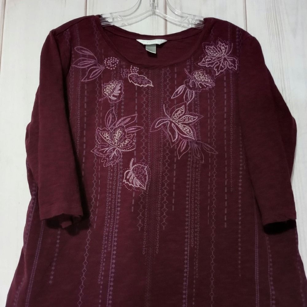 Christopher & Banks Petite XL Burgundy Floral Embroidered 3/4 Sleeve Cotton Top